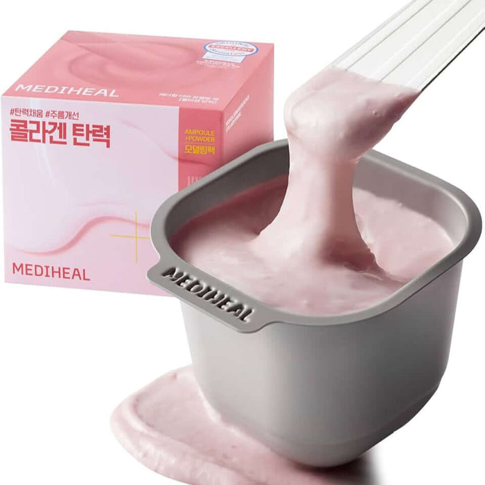 MEDIHEAL Derma Modeling Pack [Collagen Elasticity] with pink facial mask pouring into a bowl.