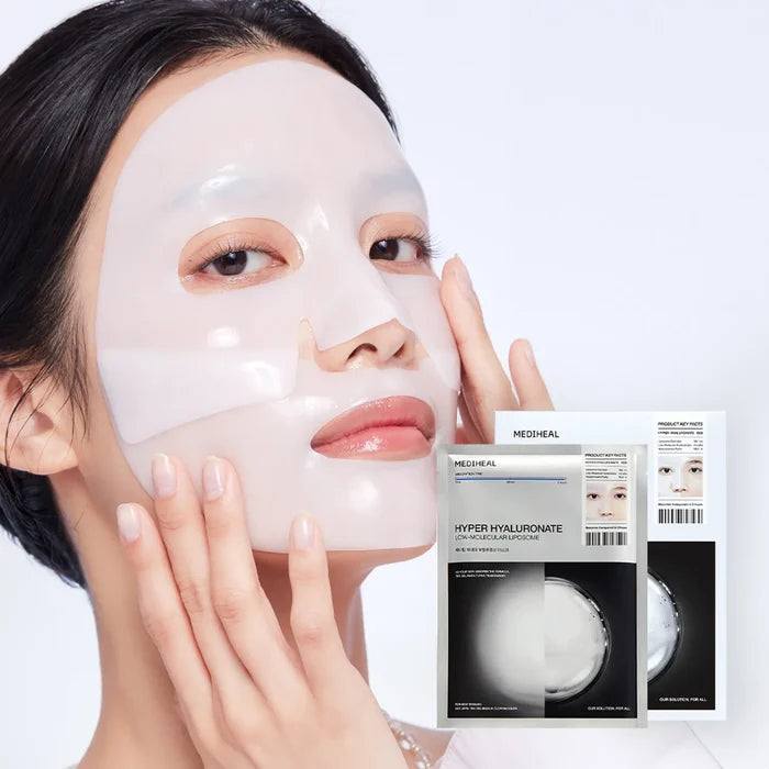Person using MEDIHEAL Hyper Collagen mask with packaging visible, promoting skincare benefits.