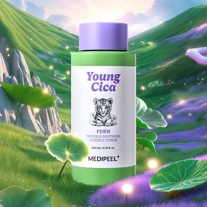 Bottle of MEDIPEEL Young Cica PDRN Trouble Soothing Essence Toner 200ml in a lush, dreamy landscape.