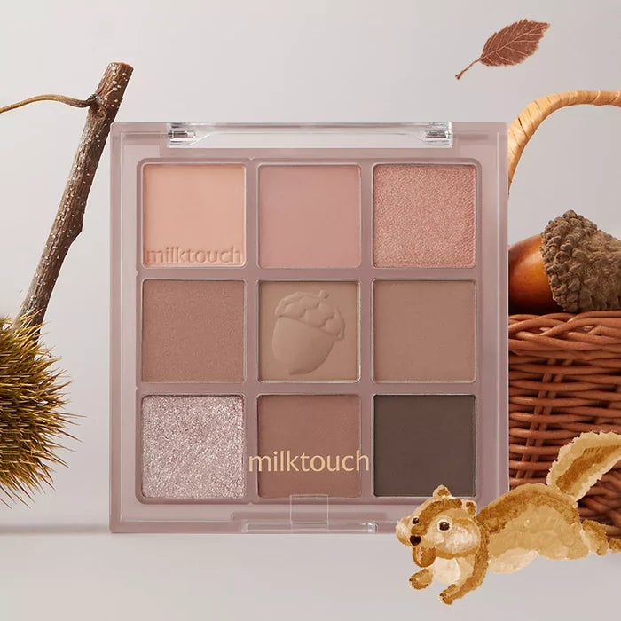 MILK TOUCH Tone On Shadow Palette featuring various natural shades with a decorative squirrel and autumn elements.
