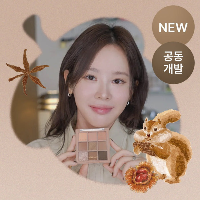 Person holding MILK TOUCH Tone On Shadow Palette with autumn-themed graphics, new label, and art featuring spices and a squirrel.