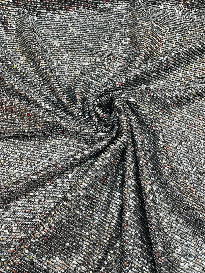 Mille Stripe Spandex Sequins - Silver on Black - 4 Way Stretch Lace Spandex Mesh Sold By Yard
