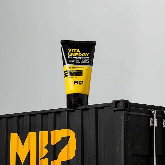 Gentleman Korea product shot of MIP Vita Energy Cleansing Foam 150ml tube on black crate for men’s skincare