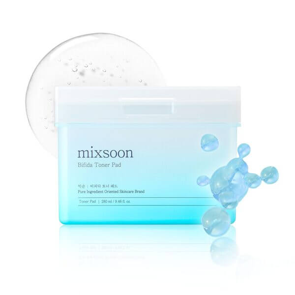 MIXSOON Bifida Toner Pad product image with packaging and skincare liquid bubbles