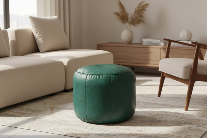 Green Moroccan leather tabouret pouf - slimmer and taller, different angle