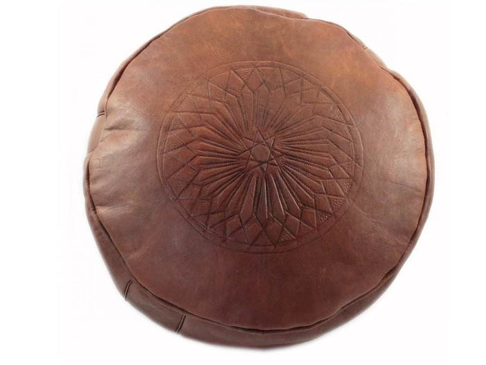 Moroccan Leather Pouf - Brown - Round Embossed