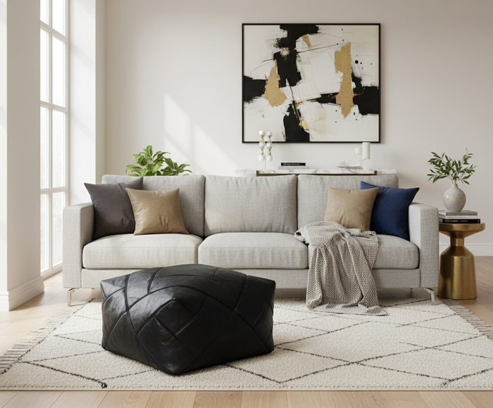 Moroccan Leather Ottoman - Black Zigzag