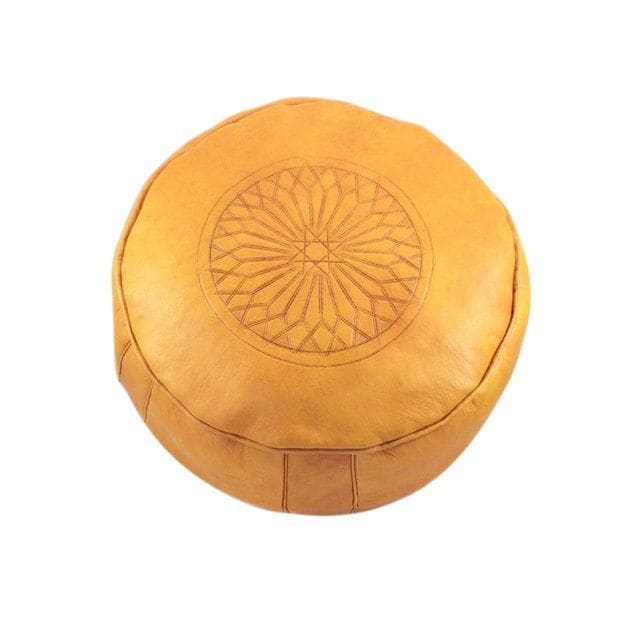 Moroccan Leather Pouf - Yellow - Round Embossed - Moroccan Corridor