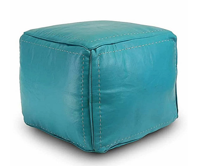Moroccan Leather Pouf / Ottoman - Square - Turquoise - Salwa