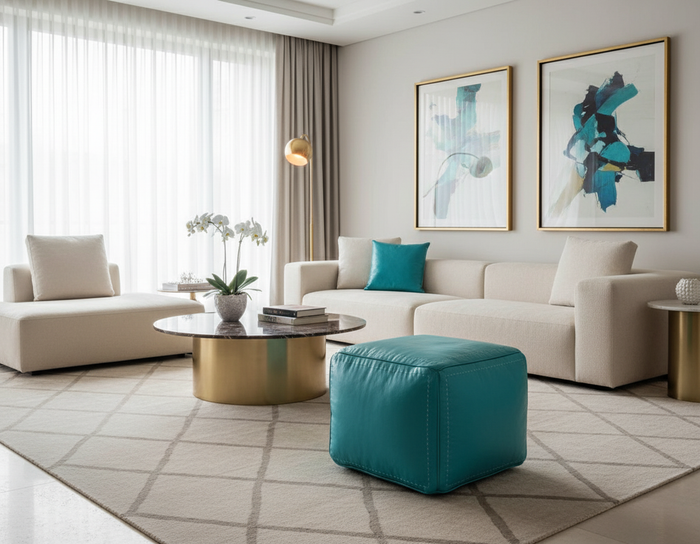 Moroccan Turquoise Leather Pouf - Salwa