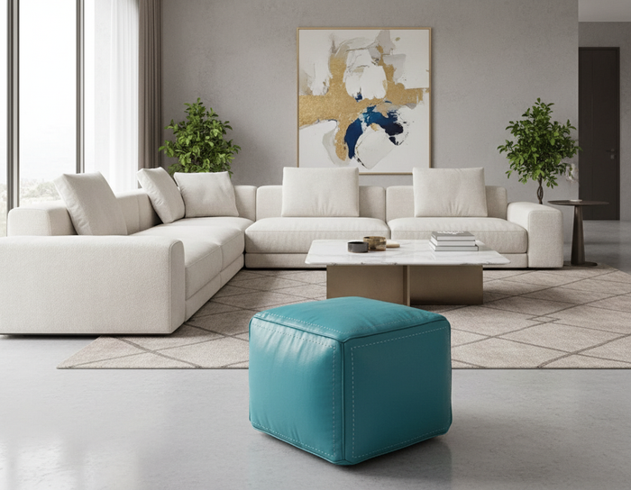 Moroccan Turquoise Leather Pouf - Different Angle