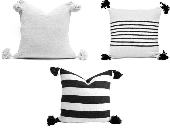 Moroccan Pom Pillow - Square - Bundle of 3 Covers - Marrakesh - White & Black