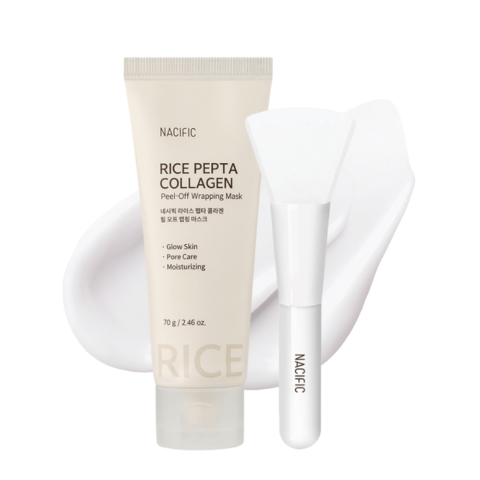 NACIFIC Rice Pepta Collagen Peel Off Wrapping Mask 70g with applicator showcasing packaging and texture.