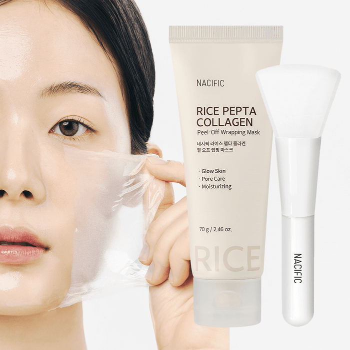NACIFIC Rice Pepta Collagen Peel Off Wrapping Mask 70g peeling application with product tube and brush.