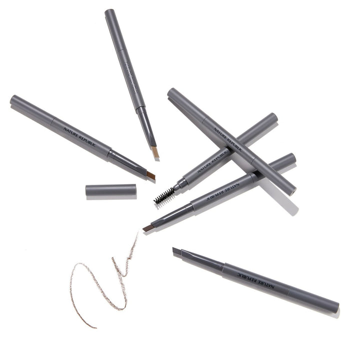 NATURE REPUBLIC Botanical Auto Eyebrow pencils in gray, showcasing tips and textures, ideal for precise eyebrow styling.