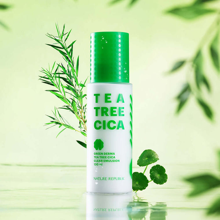NATURE REPUBLIC Green Derma Tea Tree Cica Clear Emulsion 130ml bottle with green plant background for skincare