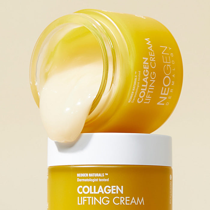 Open jar of NEOGEN Collagen Lifting Cream 70ml with cream flowing out