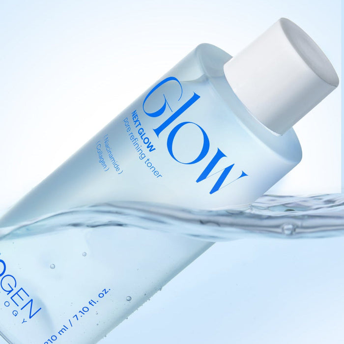 Image of NEOGEN Next Glow Pore Refining Toner 210ml bottle with blue liquid against a light background.