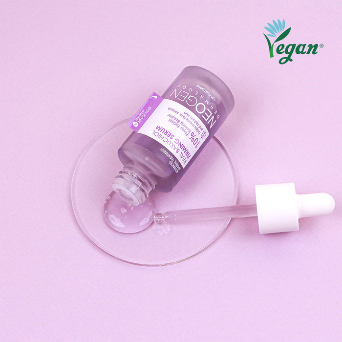 NEOGEN Real Bakuchiol Firming Serum 30ml bottle with dropper on pink background, vegan skincare product