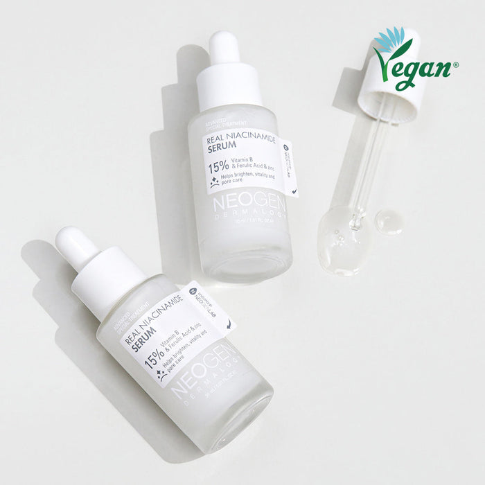NEOGEN Real Niacinamide 15% Serum 30ml vegan skincare bottles with dropper on white background