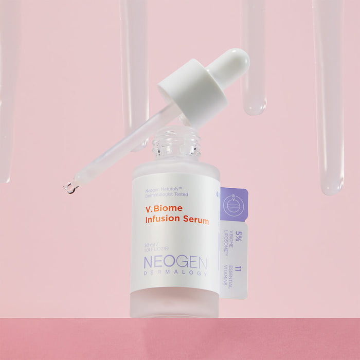 NEOGEN V Biome Infusion Serum 30ml bottle with dropper against pink background