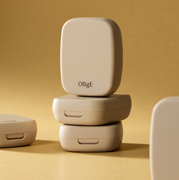 OBGE Oil Control Finisher compact cases stacked on beige background, Gentleman Korea Korean skincare for men