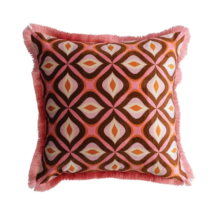 Ogee Pattern & Eyelash Fringe  Square Velvet Printed Pillow