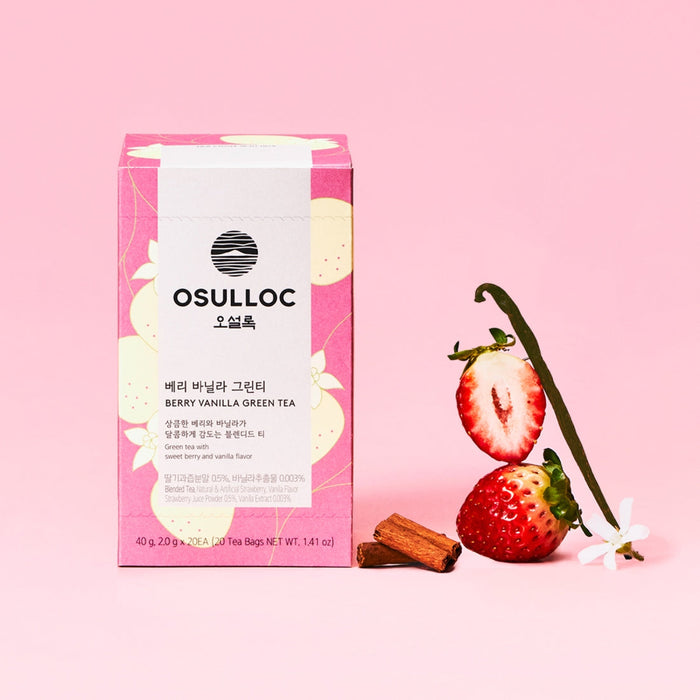 OSULLOC Berry Vanilla Green Tea 20 P packaging with strawberries and vanilla on pink background