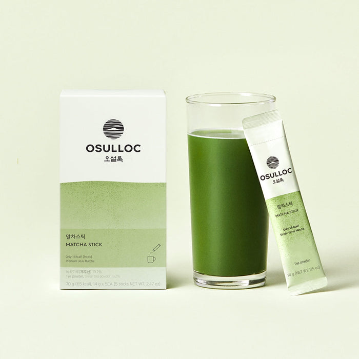 OSULLOC Matcha Sticks 5 p with a box and green tea in a glass