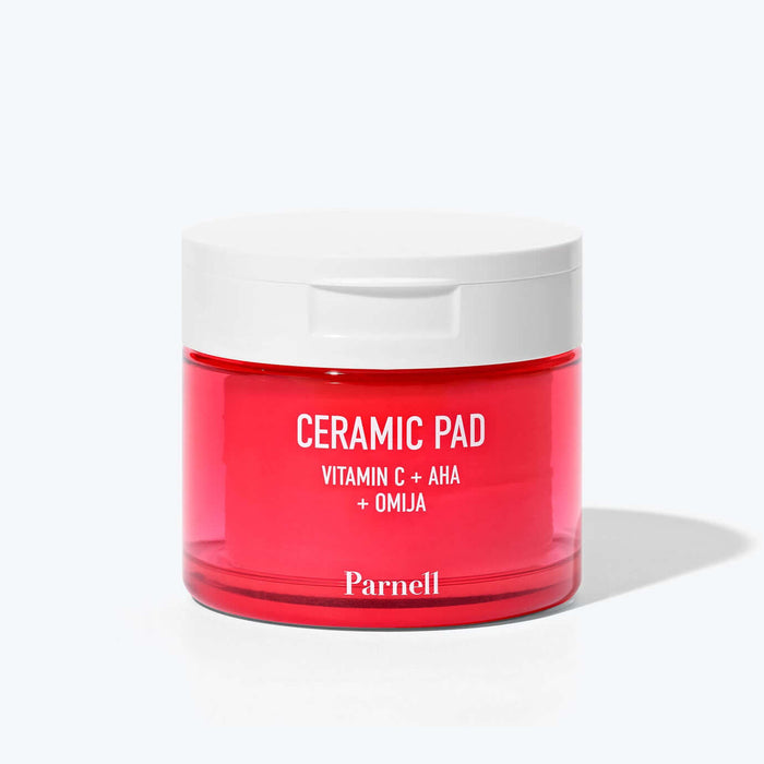 PARNELL AHA Omija Ceramic Pad 60 Pads in red jar with white lid showcasing skincare product