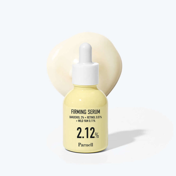 PARNELL Bakuchiol Wild Yam 2.12 Firming Serum 30ml bottle with creamy serum texture in background