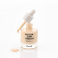 PARNELL High Glow Serum Foundation 30ml bottle with dropper and product swatch on a white background.