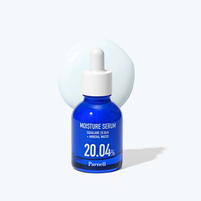 PARNELL Squalane 20.04 Mineral Water Moisture Serum 30ml blue bottle with dropper and cream background