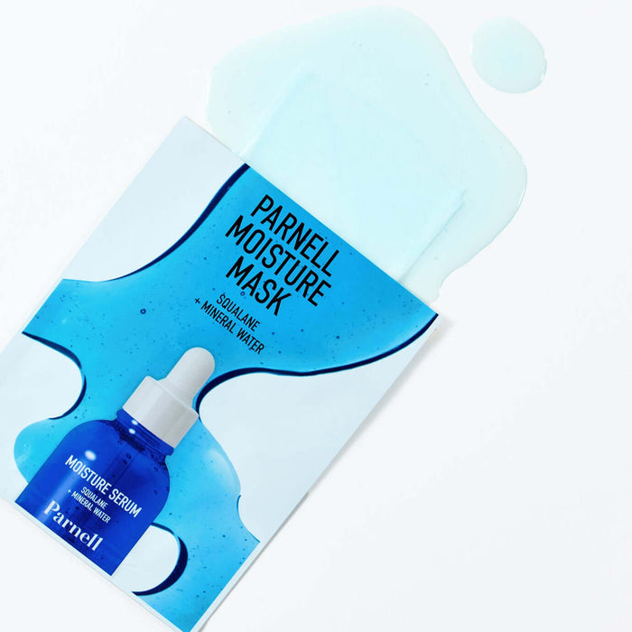 PARNELL Squalane Mineral Water Moisture Mask packaging with serum drop, showcasing hydrating skincare formula.