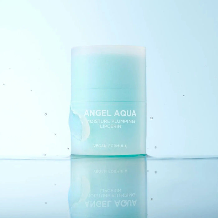 PASSION&BEYOND Angel Aqua Moisture Plumping Lipcarin 15ml vegan formula product image on blue background.