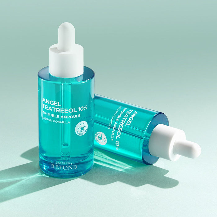 PASSION&BEYOND Angel Tea Tree 10% Trouble Ampoule 50ml bottles on light green background