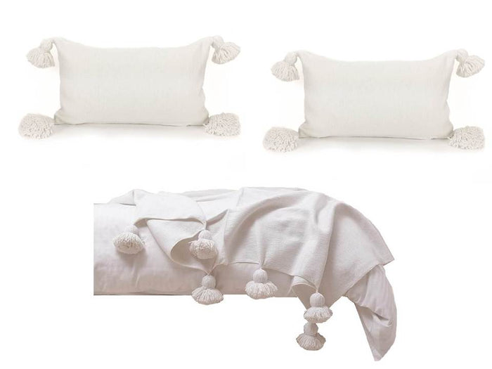 Pom Blanket with two Pillows Bundle - White