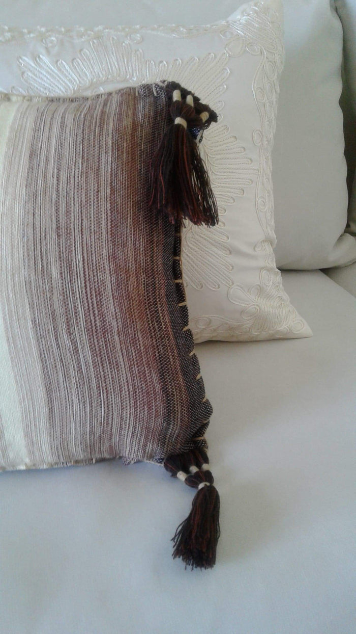 Pompom Cushion Cover | Brown And White - L - Handwoven Cushion Covers | Moroccan Corridor