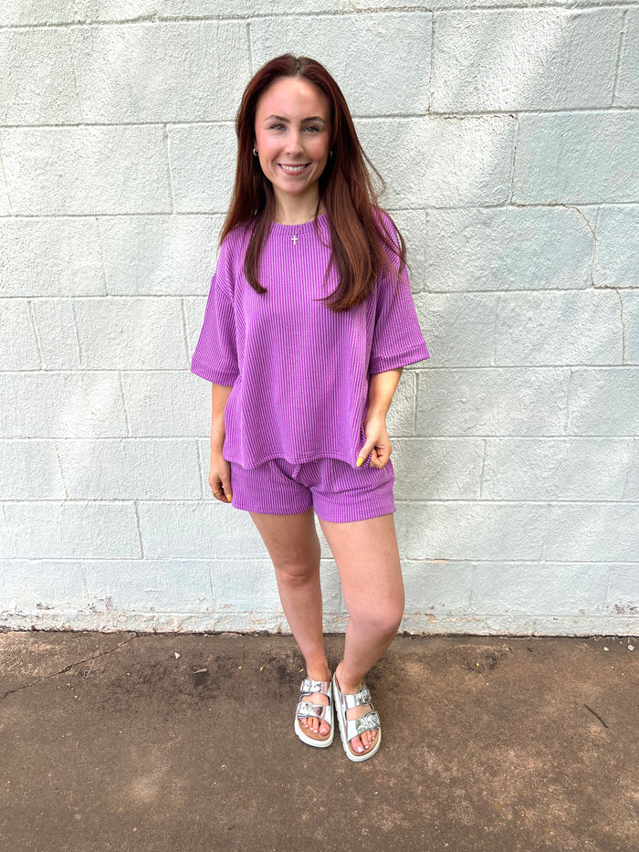 Raised Ribbed SS Tee & Short Set Light Plum
