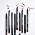 Assorted shades of RIRE Luxe Gel Eyeliner arranged with drawn swatches on a white background.