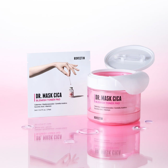 ROVECTIN Dr.Mask Cica Blemish Toner Pads 60 Sheets with open lid and packaging displayed