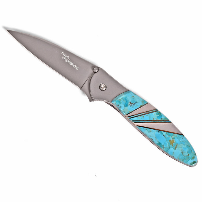 Santa Fe Stoneworks Kershaw Leek Ken Onion 3" Pocketknife with Plain Blade, Turquoise/Mother of Pearl