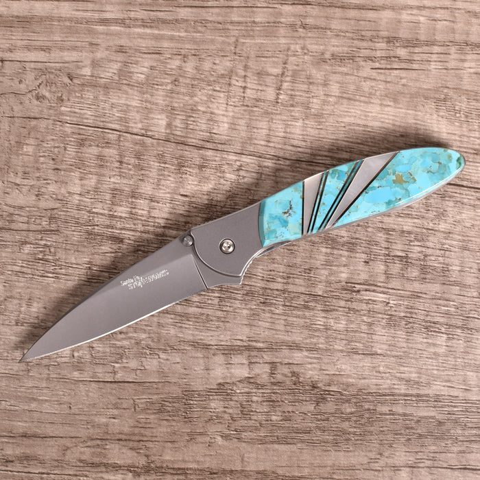 Santa Fe Stoneworks Kershaw Leek Ken Onion 3" Pocketknife with Plain Blade, Turquoise/Mother of Pearl