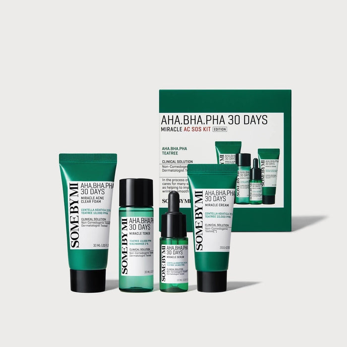 SOME BY MI AHA.BHA.PHA Miracle Acne SOS Kit (Foam+Toner+Serum+Cream) - Complete skincare set for acne treatment and care.