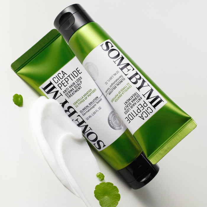 SOME BY MI Cica Peptide Anti Hair Loss Derma Scalp Treatment 50ml tubes on white background with green leaves