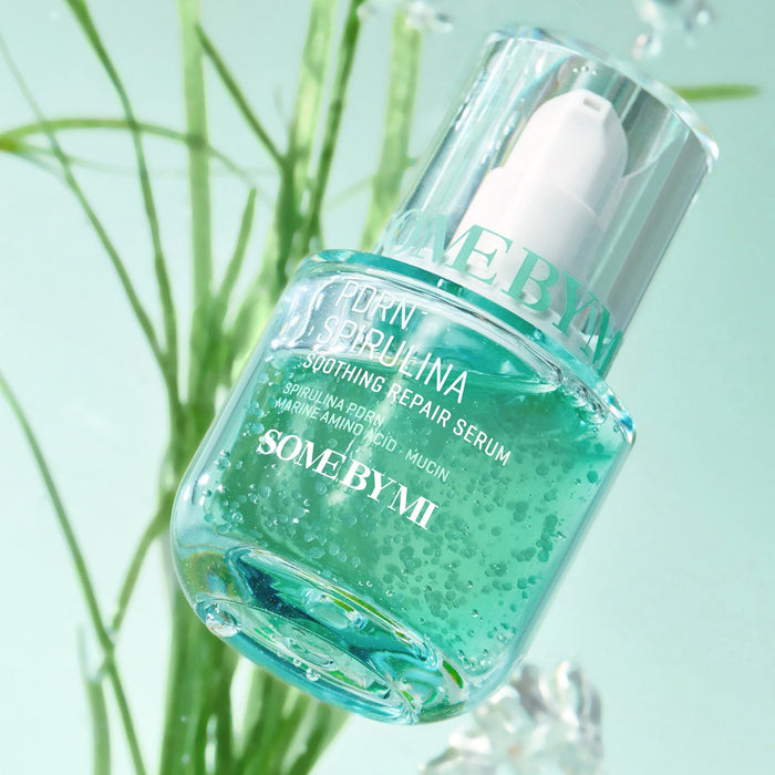 SOME BY MI PDRN Spirulina Soothing Repair Serum 50ml bottle against a nature-inspired background