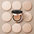 SOORYEHAN Beautiful Black Ginseng Cushion Project 15g surrounded by beige makeup pads, showcasing the elegant packaging and cushion texture.