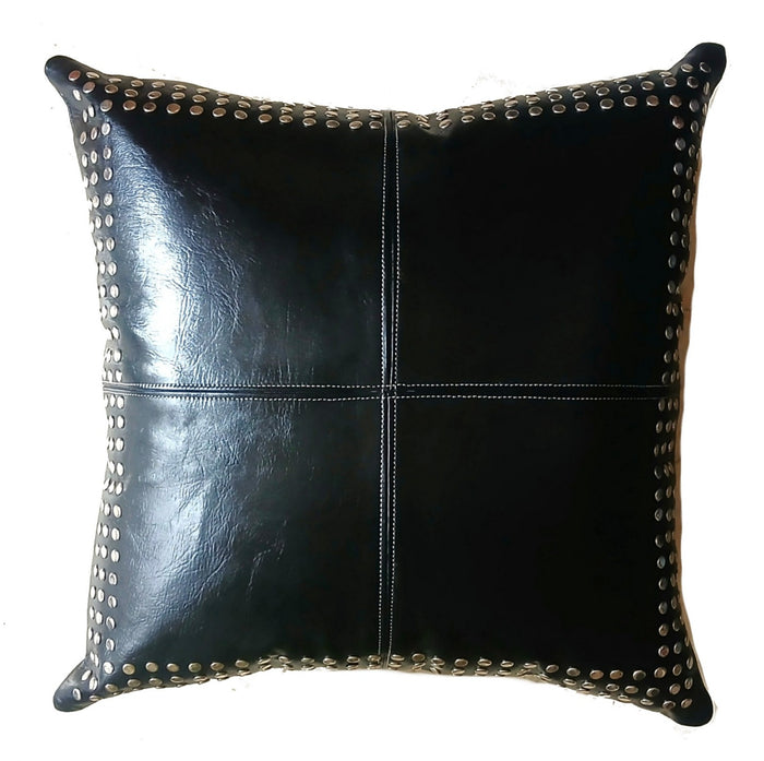 Square Leather Pillow with Metal Stud Border - 3L - Black