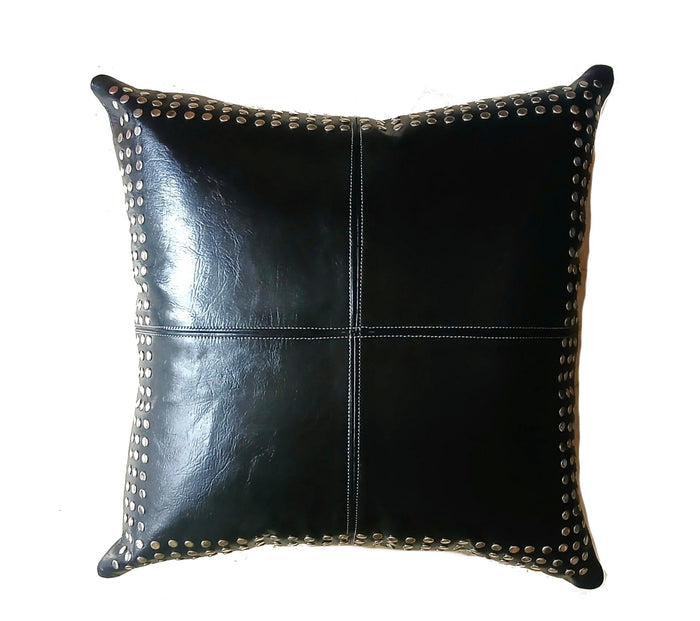 Square Leather Pillow with Metal Stud Border - 3L - Black