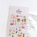 SUATELIER Market Stickers with colorful food and drink designs on a decorative sheet for crafts and decoration.